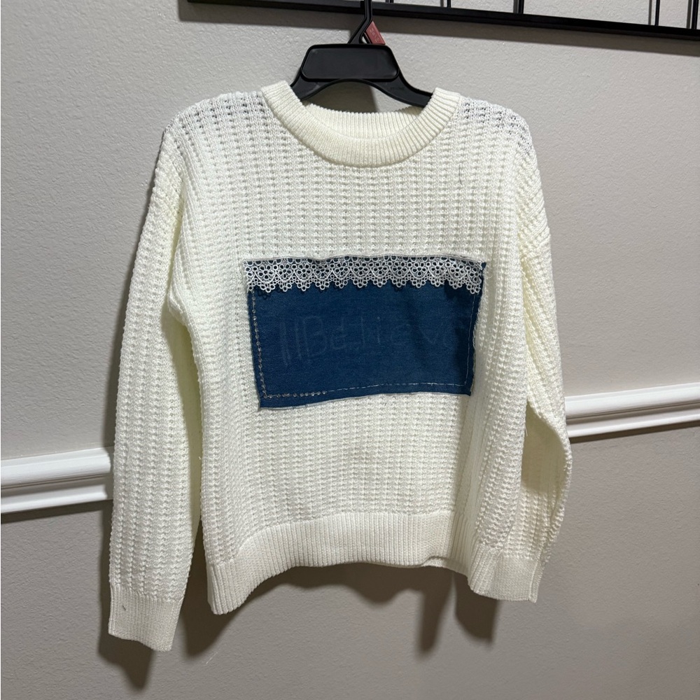 Time and Tru White Sweater with Blue Lace Detail